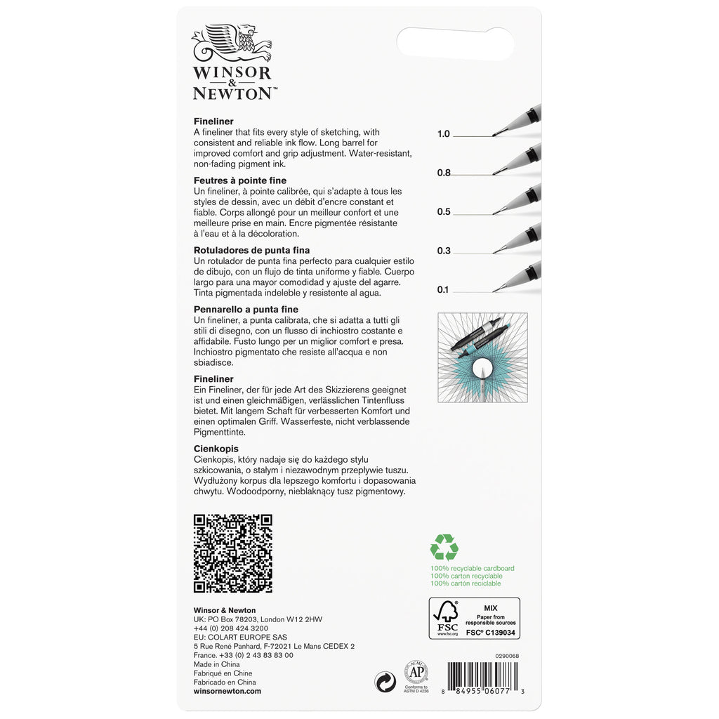 Winsor & Newton fineliner packaging with product details and branding on a white background