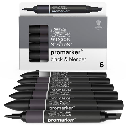 Winsor & Newton Promarker Black & Blender 6 Set of 6