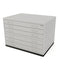 White metal file cabinet with multiple drawers on a white background
